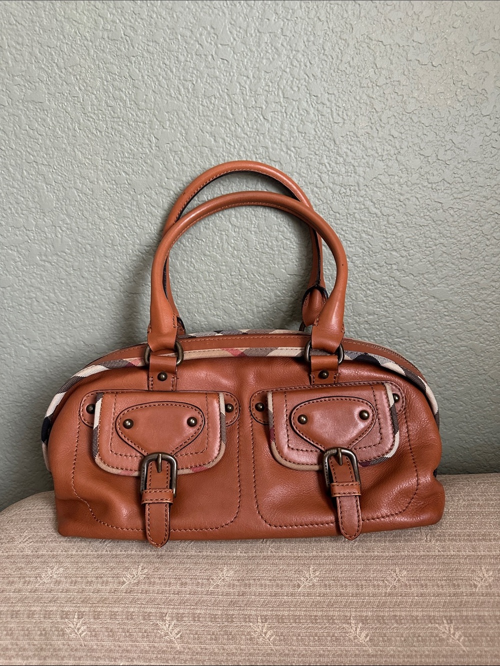Burberry Cognac Leather Satchel with Check Trim